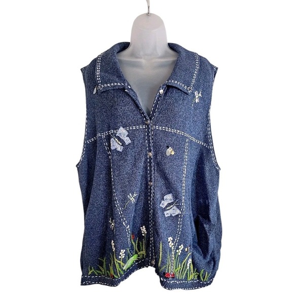 Quacker Factory Sweaters - VTG QUACKER FACTORY Embroidered Butterflies & Honey Bees Blue Sweater Vest Sz 3X